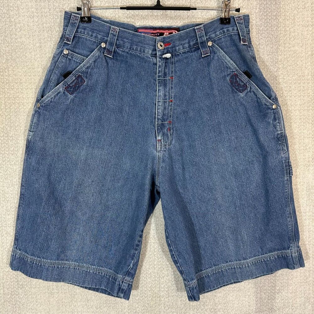 Vintage Plugg Shorts Men 33 Blue Denim Jean Jorts Measures 33x12 Y2K Hammer Loop